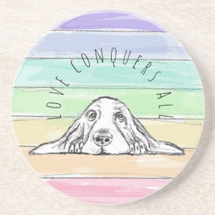 love conquers all dog rainbow basset hound coaster