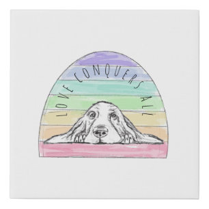 love conquers all dog rainbow basset hound faux canvas print