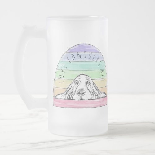 love conquers all dog rainbow basset hound  frosted glass beer mug