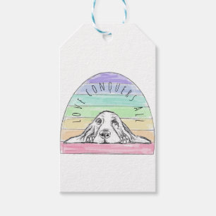 love conquers all dog rainbow basset hound gift tags