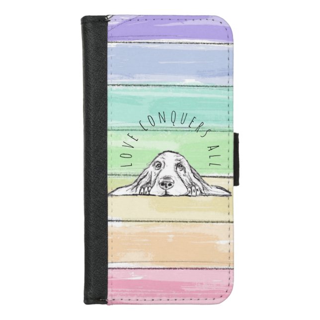 love conquers all dog rainbow basset hound  iPhone wallet case (Front)