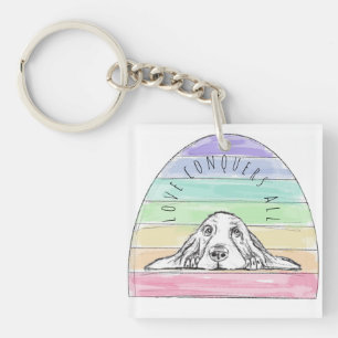love conquers all dog rainbow basset hound  keychain