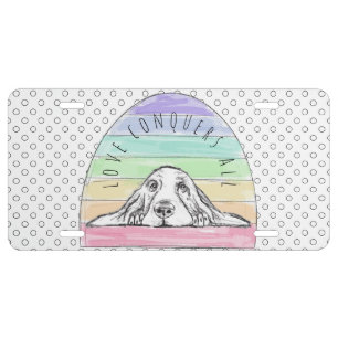love conquers all dog rainbow basset hound  license plate