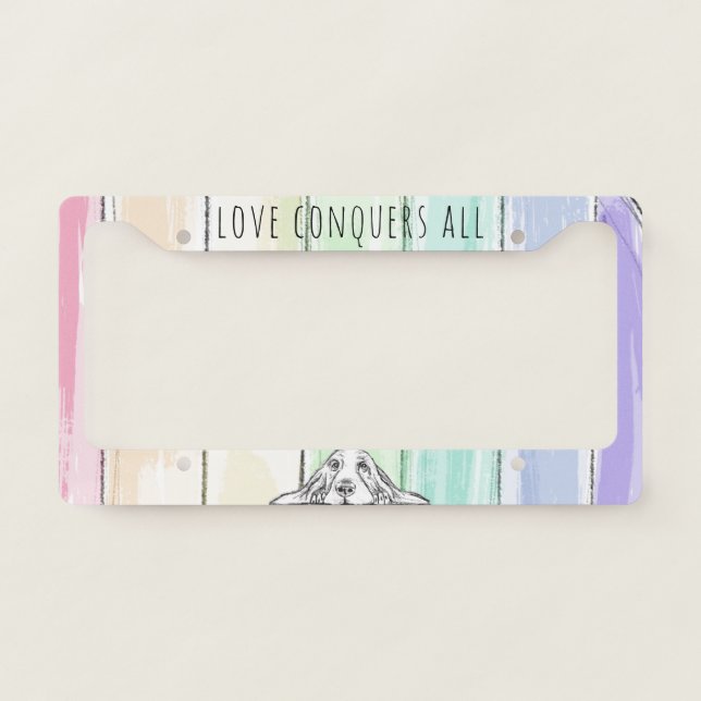 love conquers all dog rainbow basset hound   license plate frame (Front)