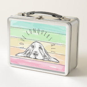 love conquers all dog rainbow basset hound metal lunch box