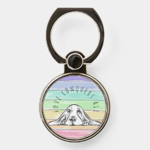 love conquers all dog rainbow basset hound phone ring stand