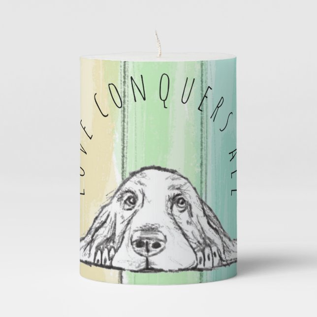 love conquers all dog rainbow basset hound   pillar candle (Front)