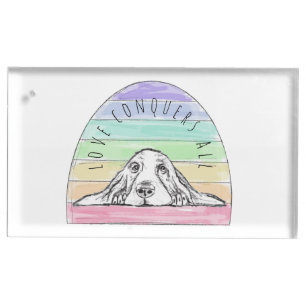 love conquers all dog rainbow basset hound place card holder