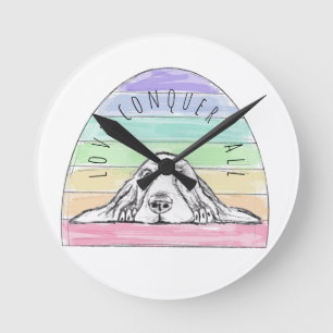 love conquers all dog rainbow basset hound   round clock