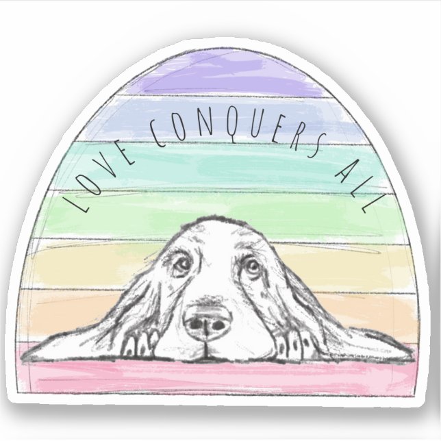love conquers all dog rainbow basset hound  sticker (Front)