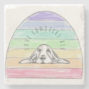 love conquers all dog rainbow basset hound stone coaster