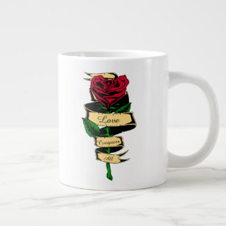 Love Conquers All Heart Shaped Red Rose Women's Giant Coffee Mug