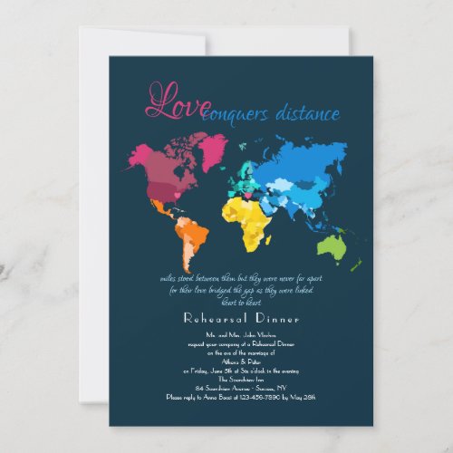 Love Conquers Distance Rehearsal Dinner Invitation