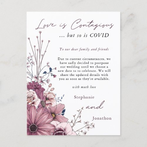 Love Contagious Wedding Postpone PInk Lilac Floral Announcement Postcard