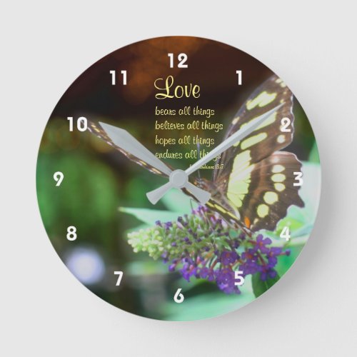 Love Corinthians 137 Butterfly Bible Quote   Round Clock