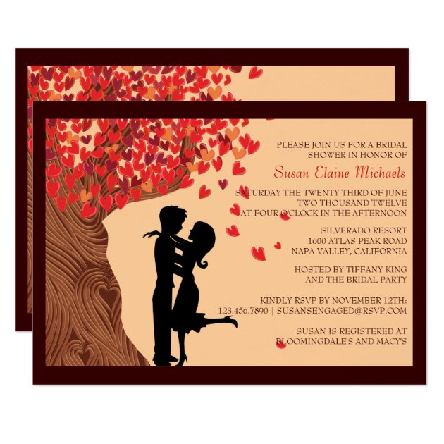 Love Couple Falling Hearts Oak Tree Bridal Shower Invitation