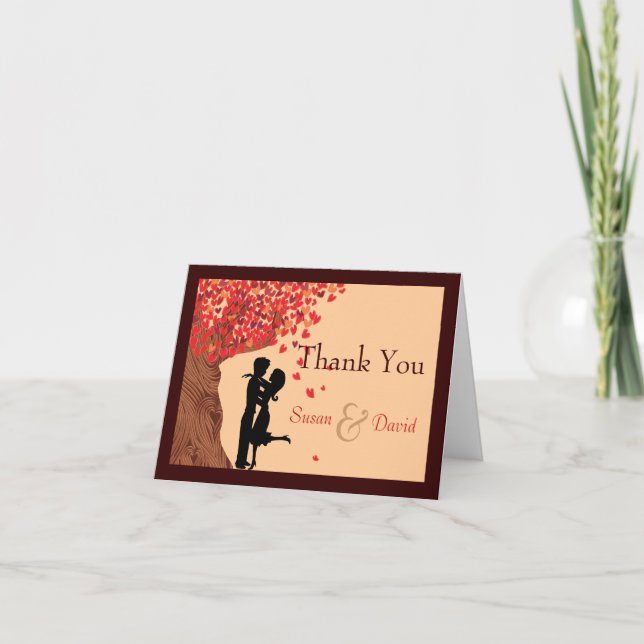 Love Couple Falling Hearts Oak Tree Thank You Note Card (Front)