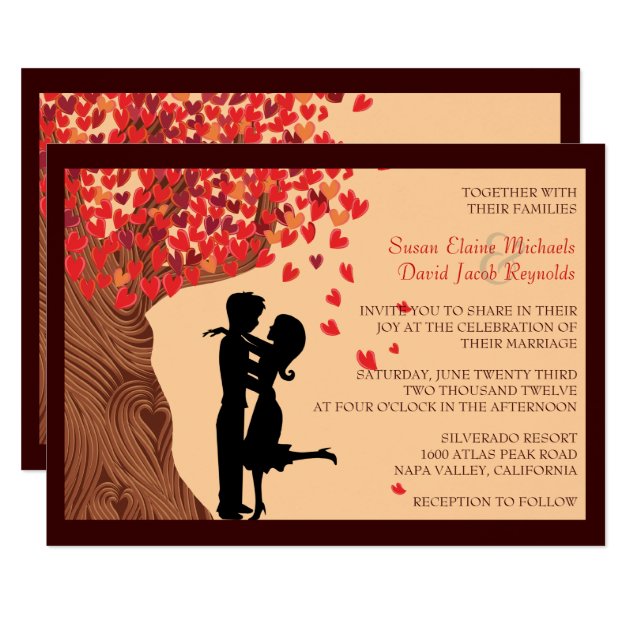 Love Couple Falling Hearts Oak Tree Wedding Invite