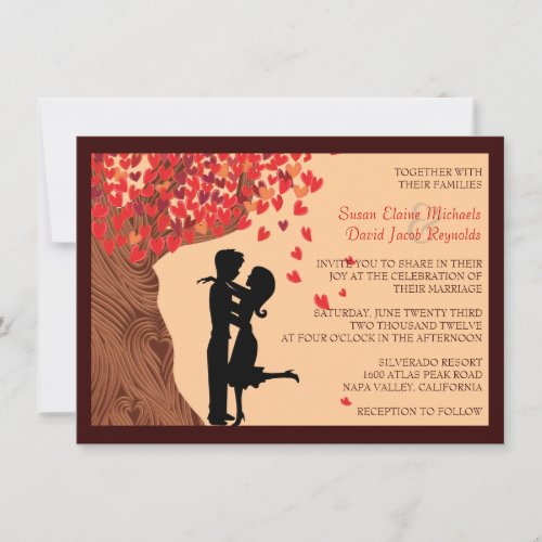 Love Couple Falling Hearts Oak Tree Wedding Invite