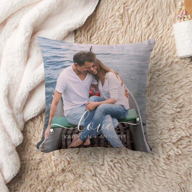 LOVE Couple Photo Handwritten Script Personalized Throw Pillow (Blanket)