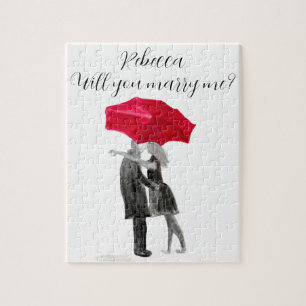 Love couple red umbrella Watercolor Valentines Day Jigsaw Puzzle