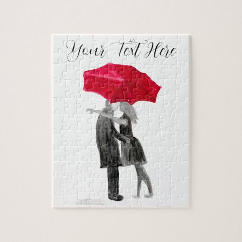 Love couple red umbrella Watercolor Valentines Day Jigsaw Puzzle