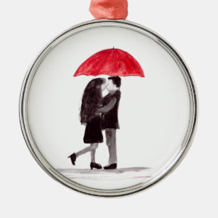 Love couple red umbrella watercolor wedding cute metal ornament