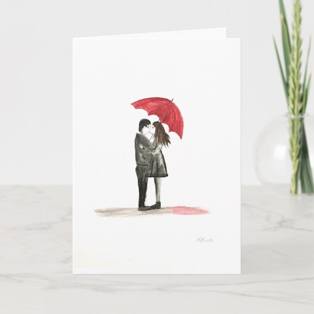Love couple with red umbrella holiday card (Front)