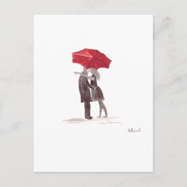 Love couple with red umbrella romantic couple kiss postcard (Front)