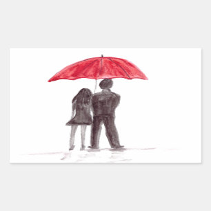 Love couple with red umbrella romantic couple rectangular sticker