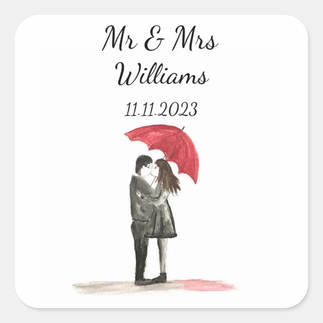 Love couple with red umbrella Wedding Newlyweds  Square Sticker (Front)