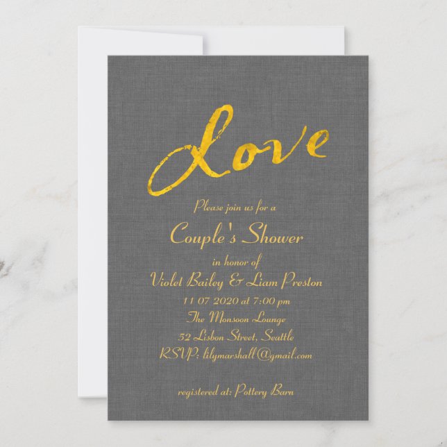 Love Couple's Shower Invitation on Gray Linen (Front)