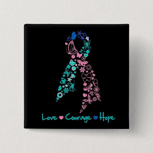 Love Courage Hope Butterfly -  Thyroid Cancer Button (Front)