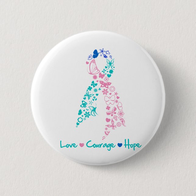 Love Courage Hope Butterfly -  Thyroid Cancer Pinback Button (Front)