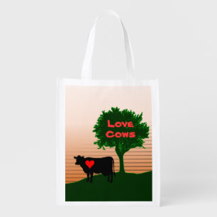 Love Cows- Cow Silhouette with Lone Tree Reusable Grocery Bag