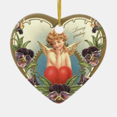 LOVE CUPID WITH HEART AND PANSIES  Valentines Day Ceramic Ornament