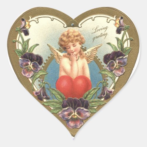 LOVE CUPID WITH HEART AND PANSIES  Valentines Day Heart Sticker