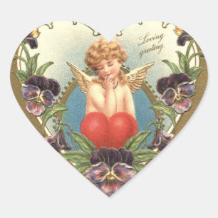 LOVE CUPID WITH HEART AND PANSIES Valentine's Day Sticker
