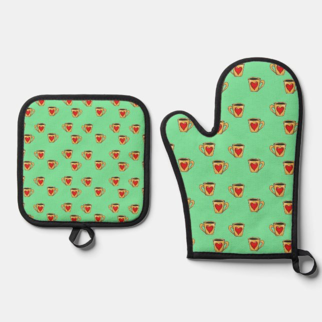 Love cups on turquoise oven mitt & pot holder set (Front)