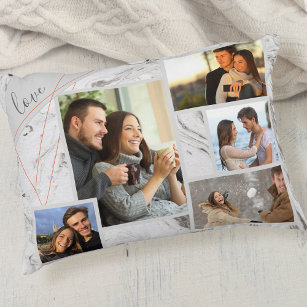 Love - Custom 5 Photo Collage - Grey White Marble Accent Pillow