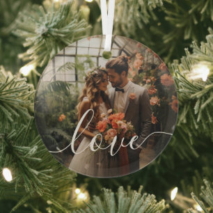 'Love' Custom couple photo Glass Ornament