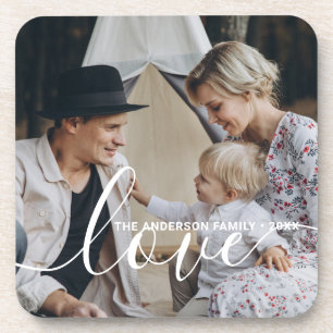'Love' Custom family photo with custom name Beverage Coaster