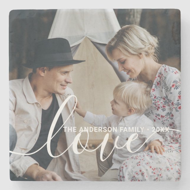 'Love' Custom family photo with custom name Stone Coaster (Front)