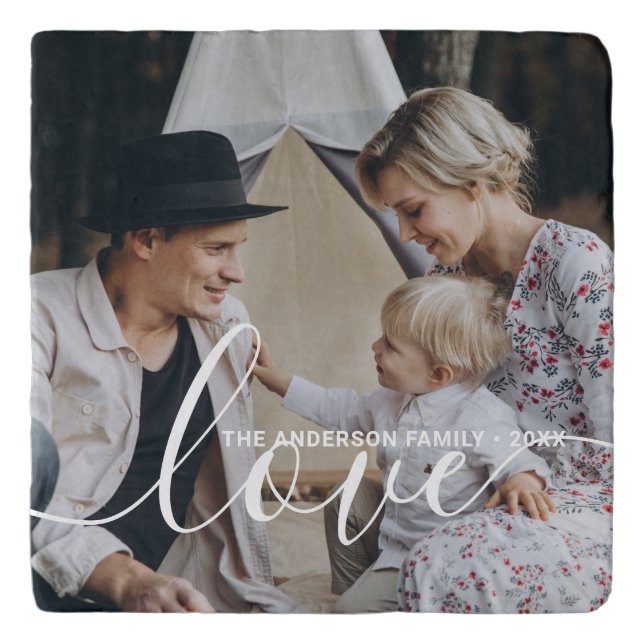 'Love' Custom family photo with custom name Trivet (Front)