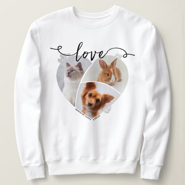 Love, Custom Heart-Shaped 3 Pet Photo Collage Sweatshirt (Design Front)
