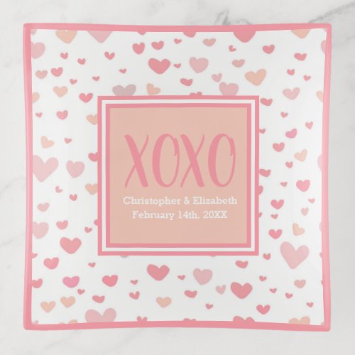 Love Custom Name Date Cute Hearts Coral Pink XOXO Trinket Tray