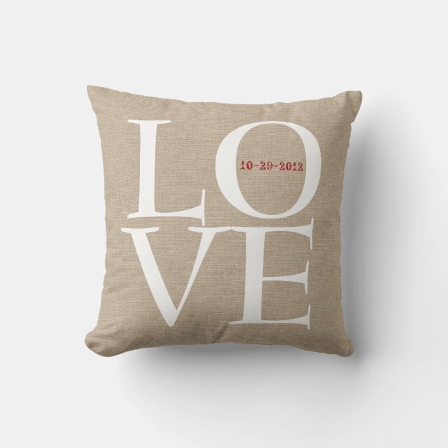 Love custom wedding date faux linen rustic burlap throw pillow (Front)