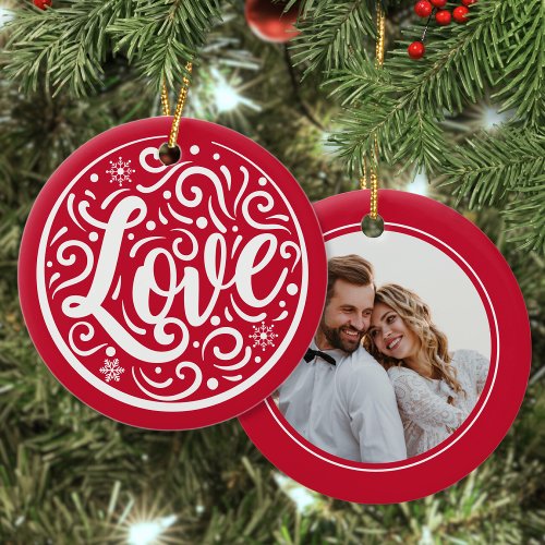 Love Customized Couple Photo Christmas Holiday Red Ceramic Ornament