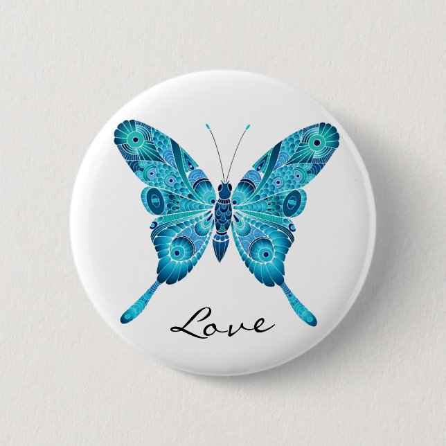 Love Cute Blue Butterfly White Round Button (Front)