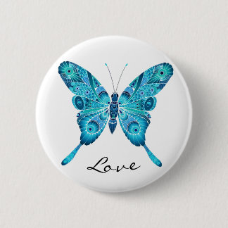 Love Cute Blue Butterfly White Round Button